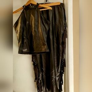 Black Pleather Fringed Two Piece Set